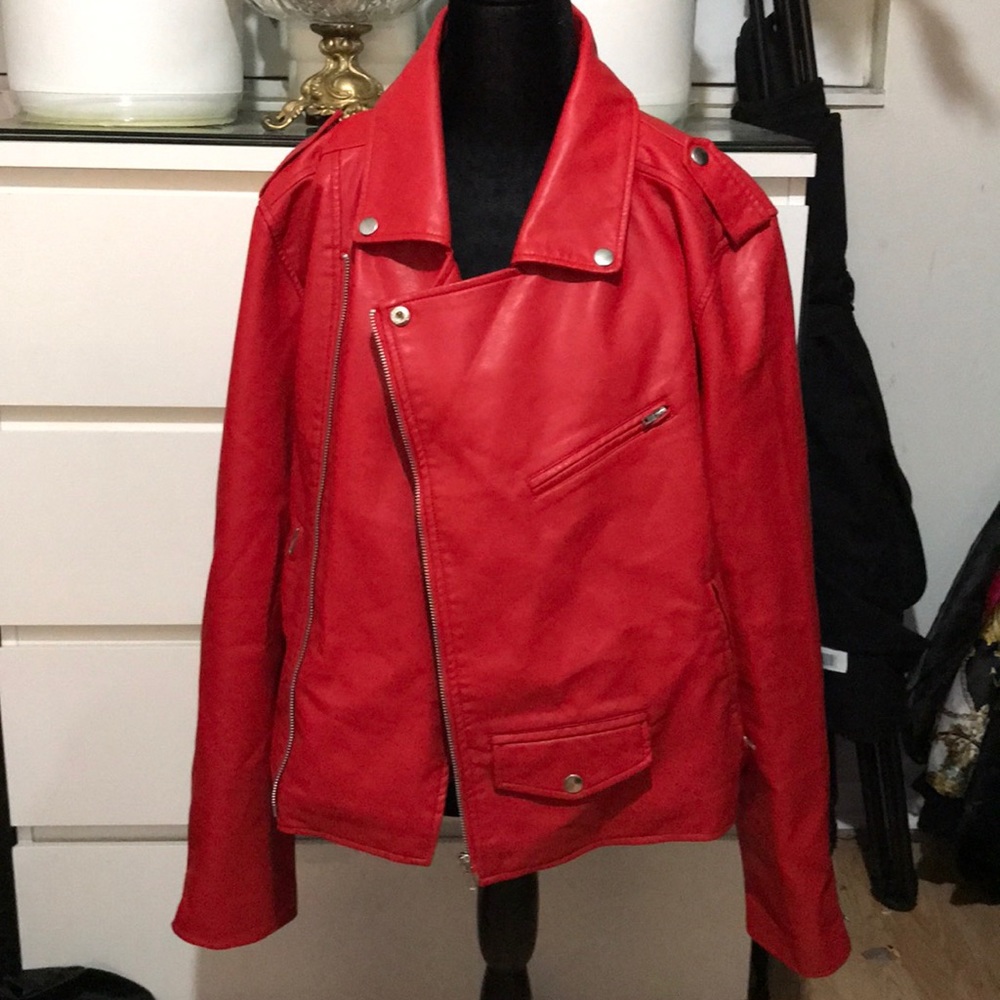 Red faux leather jacket plus size